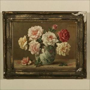 Floral Still Life With Roses In Porcelain Jar Floral Still Life With Roses In Porcelain Jar