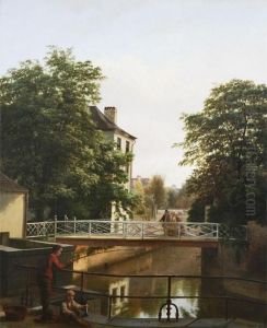 Amsterdam City View With Young Fishermen Near A Bridge by Jean Baptist Kops