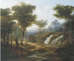 Sportsmen By A Waterfall In An Extensive Mountain Landscape by Jean Baptist Kops