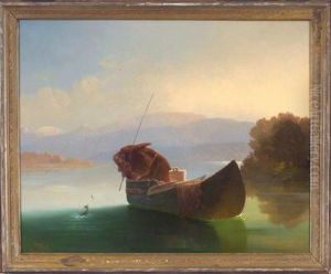 Die Gerissene Angelsehne - Monch Im Ruderboot Auf Einem See Im Vorgebirge thumbnail