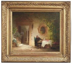 Scenery At The Entrance Door. A Gentleman Has Made Himself Comfortable At A Table
