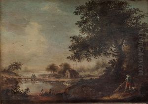 Landscape With Fisherman And A Figure With Adog by Johan Philip Korn