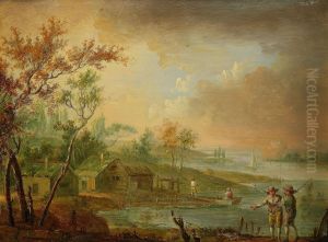 Sjolandskap Med Hus Och Figurer by Johan Philip Korn