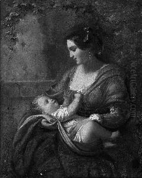 Korneck, A. "mutter Mit Kind". Undeutl. Sign. Und Dat. 1852. Ol Auf Lwd. Doubliert. Rest. 28 X 22 Cm. Rahmen - view 1