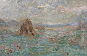 Korenschoven In Veld Met Klaprozen by Michel Korochansky