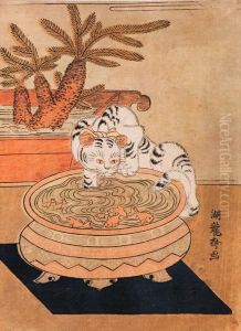 Interno Con Pesci E Gatto by Isoda Koryusai