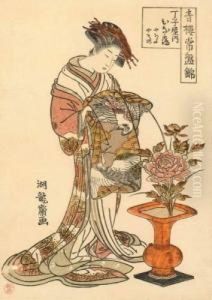 Courtisane Regardant Un Vase Fleuri D'une Pivoine. by Isoda Koryusai