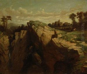 A Small Mountainous Landscape With A Waterfall by Adolf Kosarek
