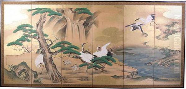 Cranes With Pine Trees, Waterfall, Bamboo And Plum Blossom Decoration. - view 1