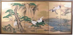 Cranes With Pine Trees, Waterfall, Bamboo And Plum Blossom Decoration. by Hoin Kosen Tsunenobu