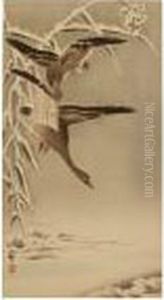 Geese Landing In A Marsh With Snow-covered Grasses by Ohara Koson