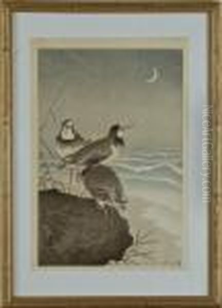 Three Plovers Perched On A Rock With A Crescent Moon And Rolling Waves - view 1