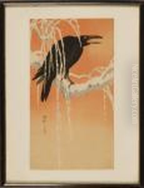 Depicting A Crow Perched On A Snow-covered Willow Tree Branch With Sunset Sky - view 1