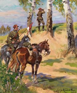 Polnische Kavalleristen In Einer Dunenlandschaft Mit Birken by Jerzy Kossak