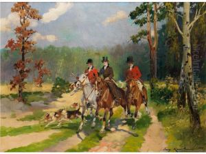 Drei Jagdreiter Beim Ausritt by Jerzy Kossak