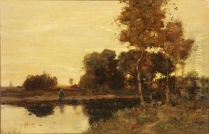 River Landscape With Figures by Frederick William Kost
