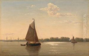 River Landscape With Sailing Boats In The Evening Light