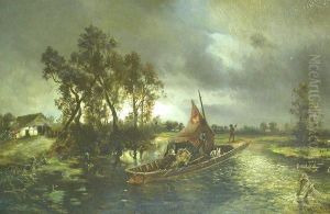 Hollandische Abendlandschaft Mit Ausfahrenden Kahnfischern