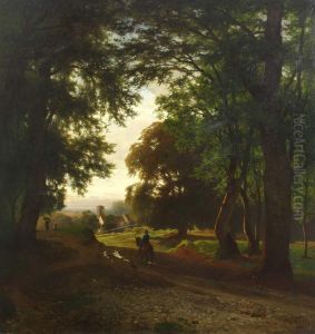 Baumreiche Landschaft Mit Reiter, In Der Ferne Ein Dorf by Theodor Kotsch