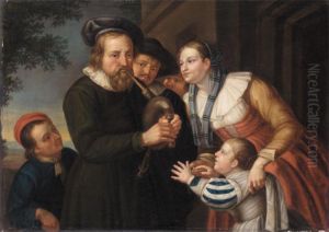 A Man Playing The Pipes Together With A Family Before A Cottage A Man Playing The Pipes Together With A Family Before A Cottage