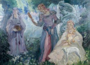 Femmes Dans Un Parc Anime Pres D'une Fontaine by Constantin Kousnetzoff