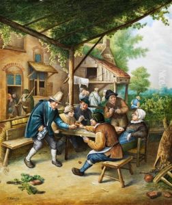 Zechende Bauern Unter Einer Laube Voreinem Wirtshaus by J. Kozany