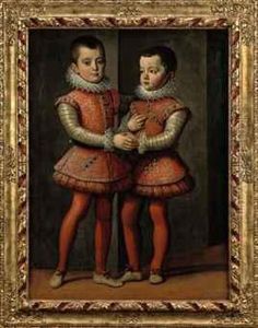 Portrait Of Vittorio Amedeo (1587-1637) And Emanuele Filiberto(1588-1624), Dukes Of Savoy, Full-length, In Red And Silvercostumes With Red Hoses, Lace Collars And Cuffs by Jan Kraeck