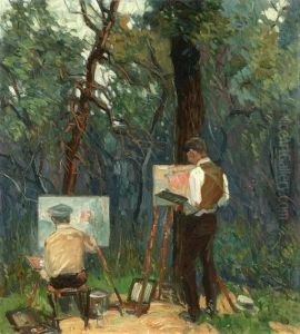 Two Artists Painting At Easels In Wooded Landscape