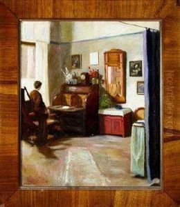 A German Interior With A Young Man Standing At A Desk by Willibald Krain