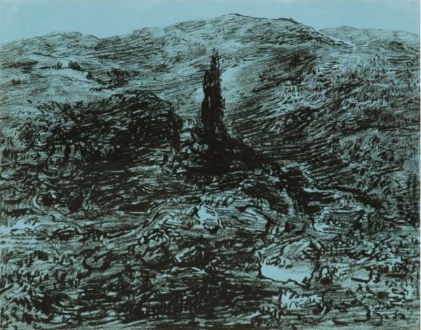 Hilly Landscape With Cypress Trees - view 1