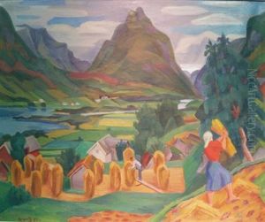 Mountainous Landscape With Harvesters And Haystacks