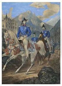 Maximilian Kronprinz Von Bayern In Generalsuniform Mit Seinem Adjutanten Und Einem Bediensteten Beim Ausritt. by Gustav Wilhelm Kraus