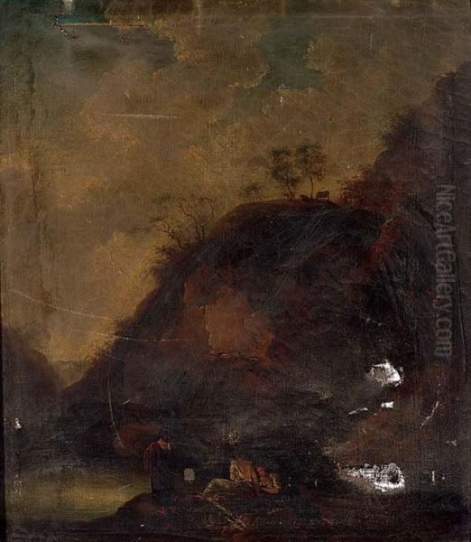 An Arcadian Mountainous Landscape With Figures Resting Near A Pond - view 1