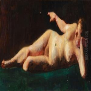 A Female Nude On A Green Couch by Emil Axel Krause