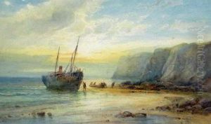 Coastal Scene With Fishing Boat And Fisher Folk by Emil Axel Krause