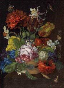 Blumenstillleben Mit Faltern Und Schnecke by Lina Krause