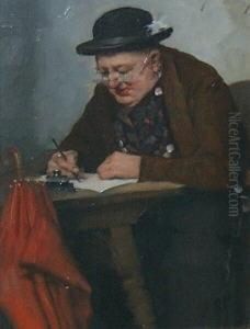 Am Tisch Sitzender, Schreibender Mann Mit Hut. Oben Rechts Signiert Rb. Frank-kraus by Robert Krause