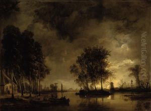 A Dutch Riverside Hamlet Under Moonlight