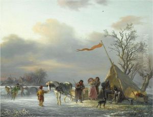 Skaters And A Horse Drawn Sledge Near A 'koek En Zopie' by Simon Andreas Krausz