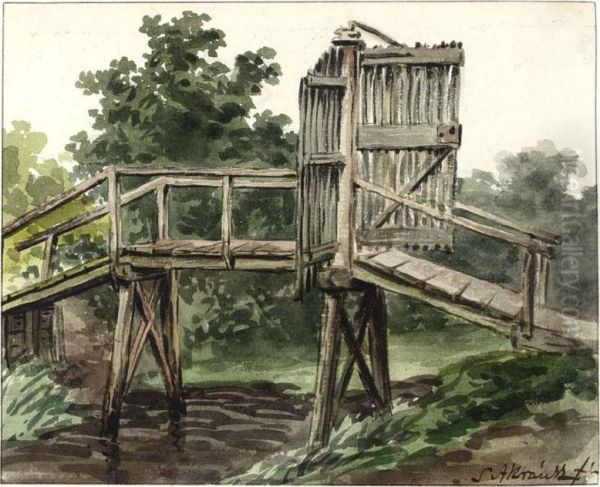 Four Landscape Drawings With A Bridge, Houses And Trees - view 1