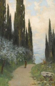 Zypressenlandschaft Mit Dame by Erminio Kremp