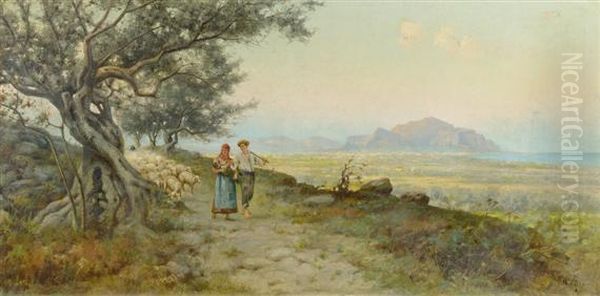 Shepherd Couple Before A Coastal Landscape - view 1