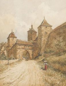Schlossturme Mit Stadttor Und Figurenstaffage
