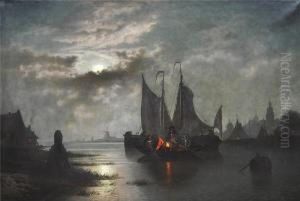 Nachtliche Ansicht Der Amstel Mit Ankernden Fischerbooten Vor Amsterdam by Felix Kreutzer
