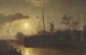 Hollandische Kanalpartie Im Mondlicht by Felix Kreutzer