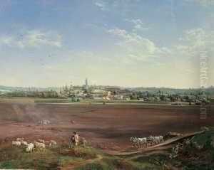 Osterreichische Landschaft Mit Einem Stadtchen Und Bauerlicher Staffage. Signiert Unten Mitte: by Conrad Kreuzer