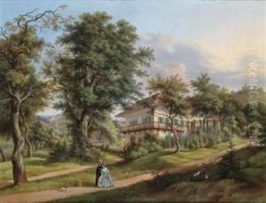 Park Landscape With Couple Walking In The Foreground by Vincenz Kreuzer