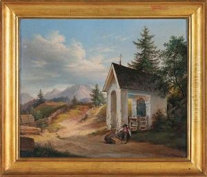 Landschaft Mit Kleinerkapelle U. Mudem Wanderer