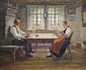 Bauerliches Interieur Mit Einem Paar Am Tisch by Carl Kricheldorf