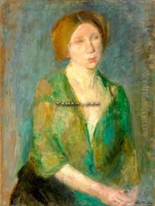 Kvinne I Gronn Bluse Olje Pa Plate by Othilia, Oda Krohg
